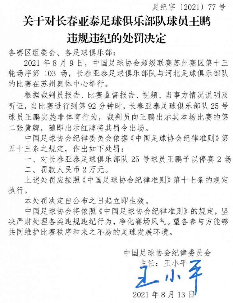 具体详情：王鹏因不当行为罚款2万元并停赛2场