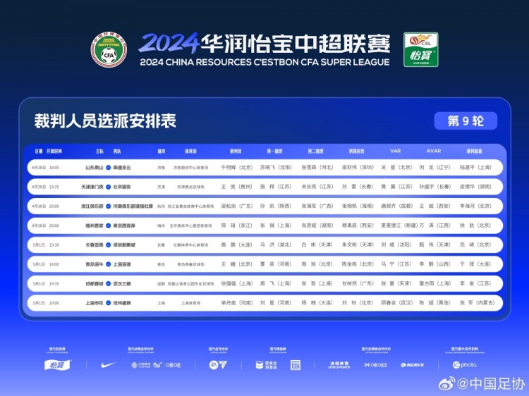 王竞主哨京津对决，马宁参与海牛和海港的比赛监控